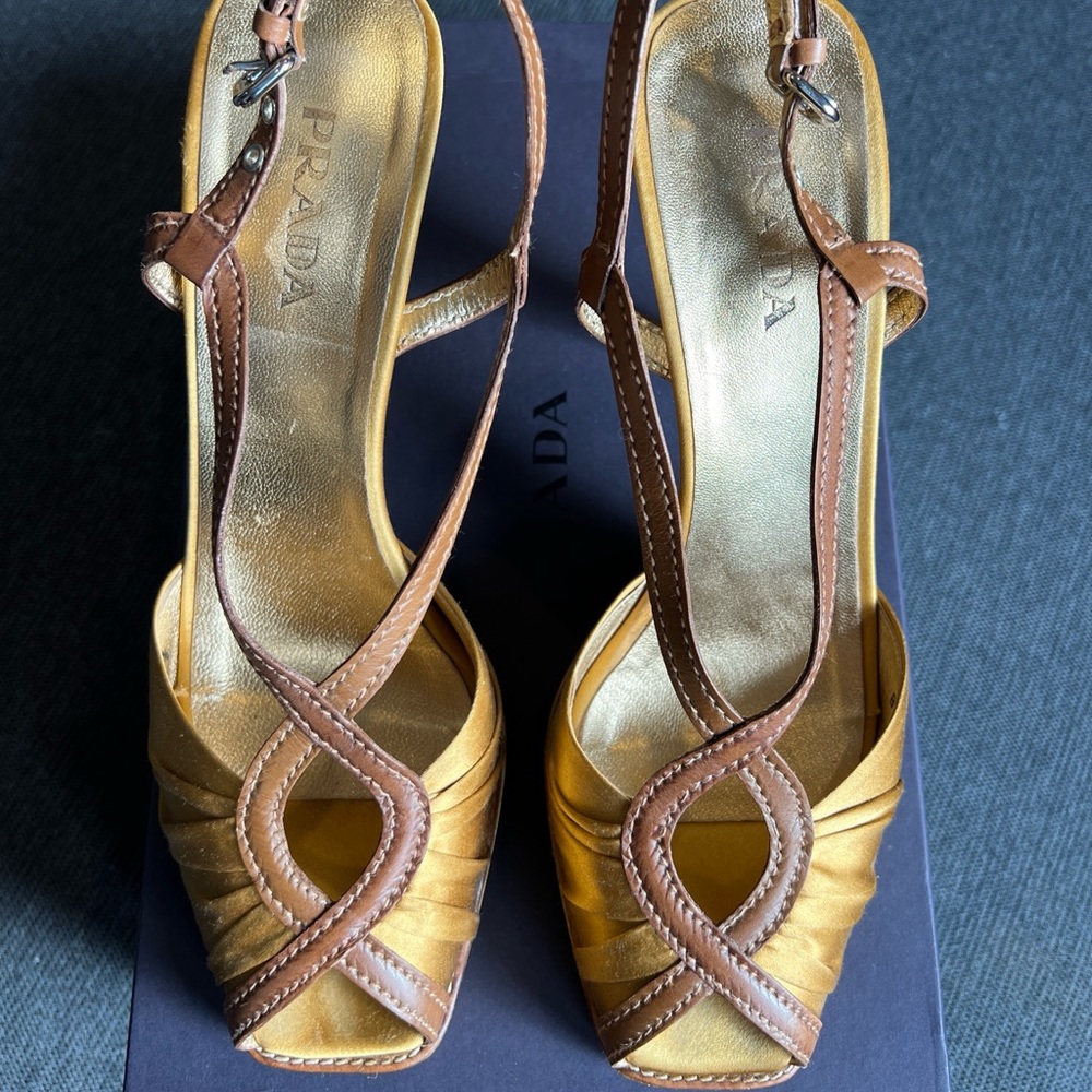 Prada Vintage Sandal 10.5 /40.5 Gold Brown Calzature Donna Raso Calf Ocra 1K8371